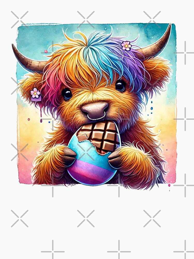 Scottish Highland Cow eating Easter Eggs Colorful Watercolor by MaedK