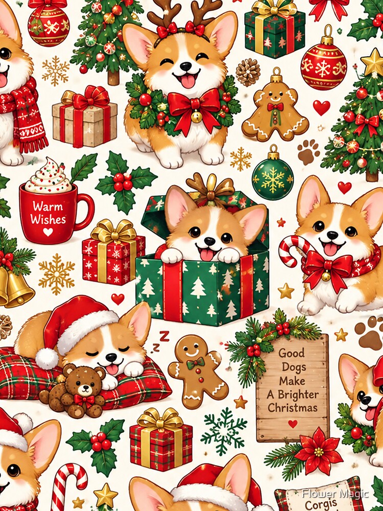 Cute Christmas Corgi Pattern – Festive Holiday Corgis by Flower Magic