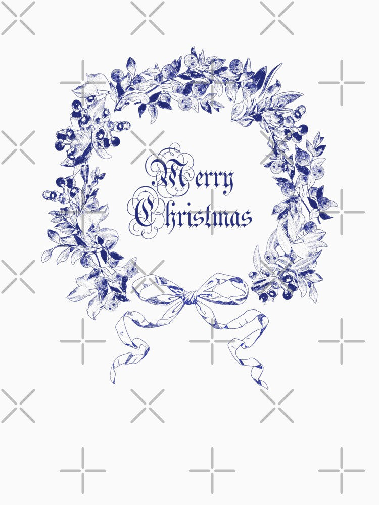 Elegant Vintage Merry Christmas Wreath Bow Blue Toile by tanjica