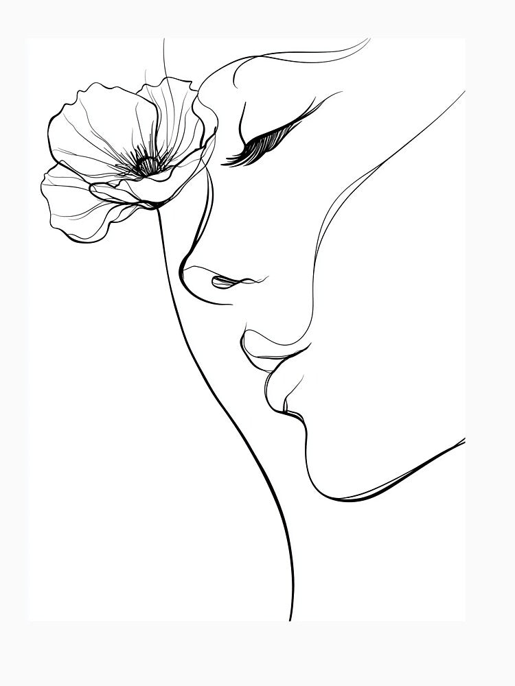 Poppy Dream — Woman Face & Flower Line Art by Helenaphotoart