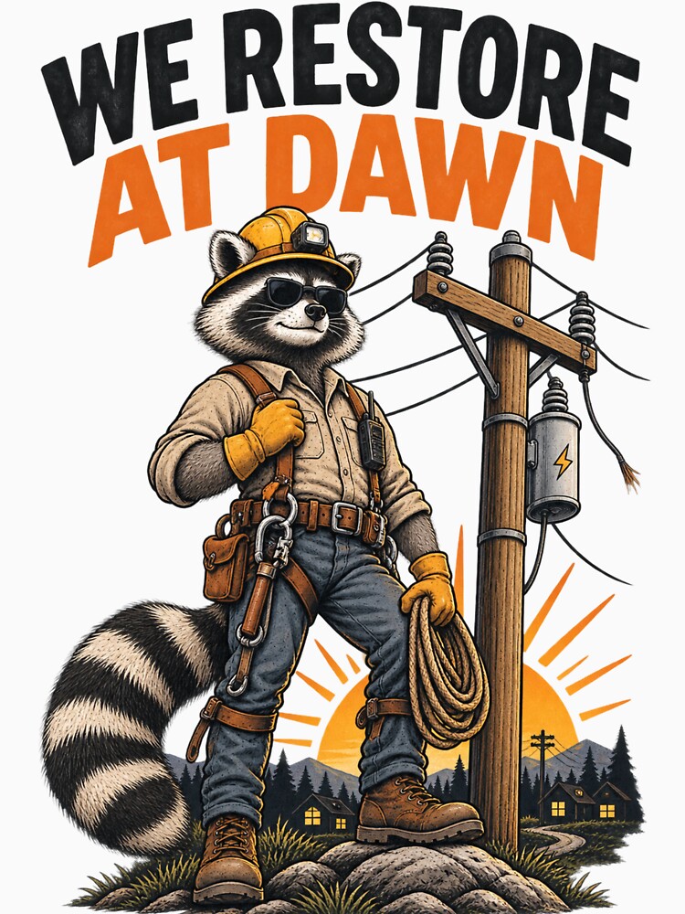Funny Lineman T-Shirt, We Restore At Dawn Power Lineman Raccoon Storm Humor, Electric Utility Worker Gift, Lineworker Graphic Tee by OUICHA