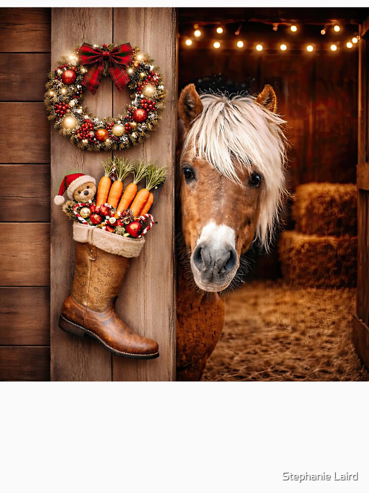 Christmas Happy Holidays Pony and Barn with Boot Stocking and Carrots Cute by Stephanie Laird