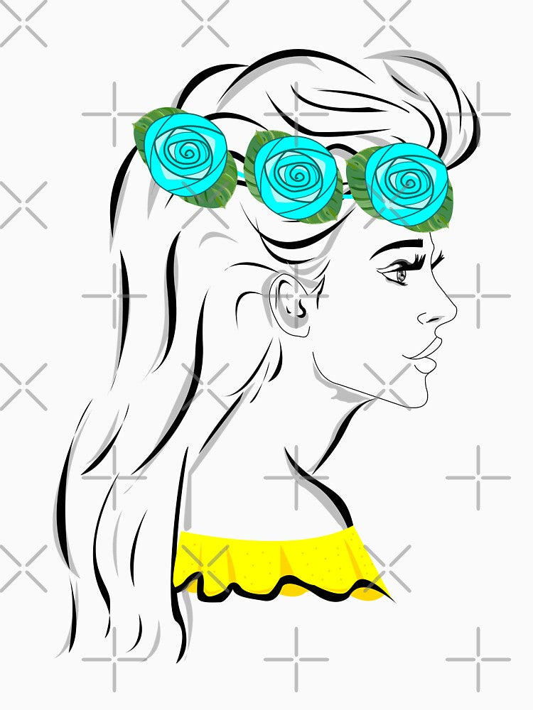 Line art pretty girl with long hair and eyelashes wearing hot yellow off shoulder dress and flowers crown by SGS-