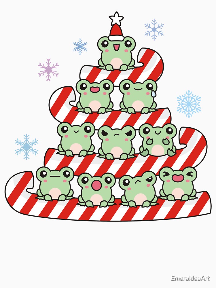 Candy Cane Christmas Tree with Singing Frogs – Merry Frogmas Pun Illustration by EmeraldeaArt