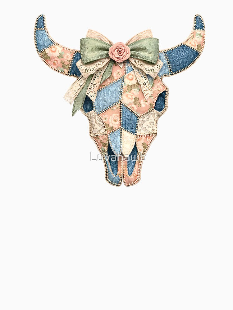 Floral Patchwork Cow Skull Western Coquette Denim Boho Aesthetic by Luvahawb