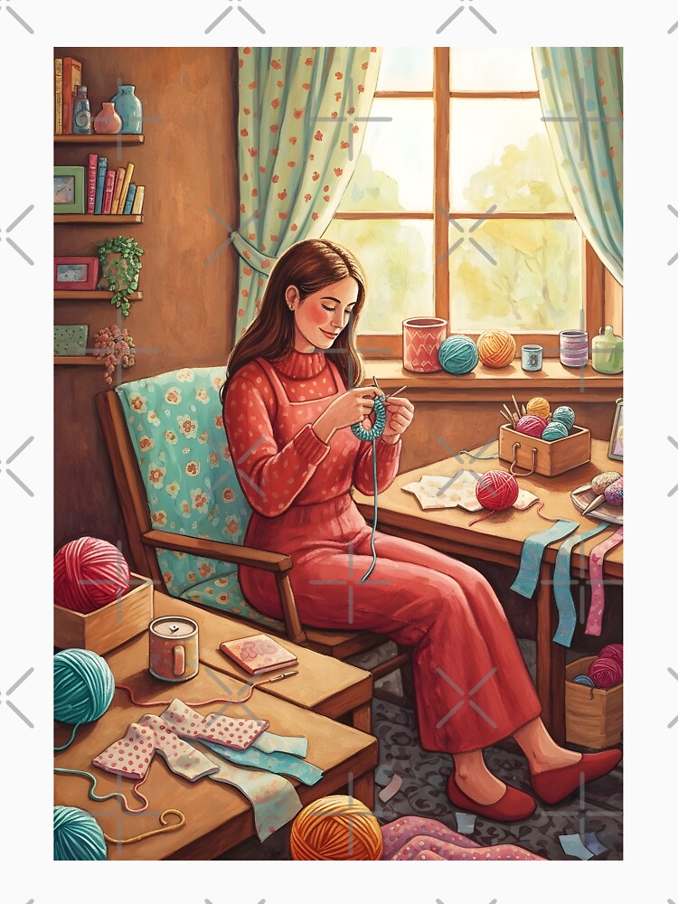 Lady Crocheting  in Her Cozy Craftting Room - Crochet Lover by Wiss2Arts