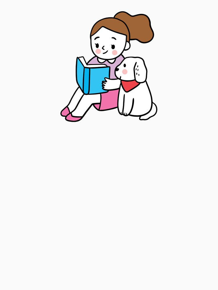 Dog and Girl Cute Sticker – Cute Dog Reading Sticker, T-Shirt, Tote by ELLIE COLE CO.