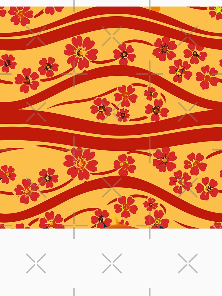 OCEAN WAVES WITH CHERRY BLOSSOM - FLORAL YELLOW RED by trengeee