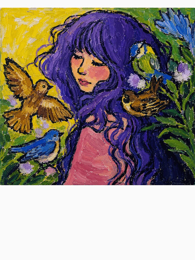 Purple Hair Girl with Garden Birds by AubinDesmarets