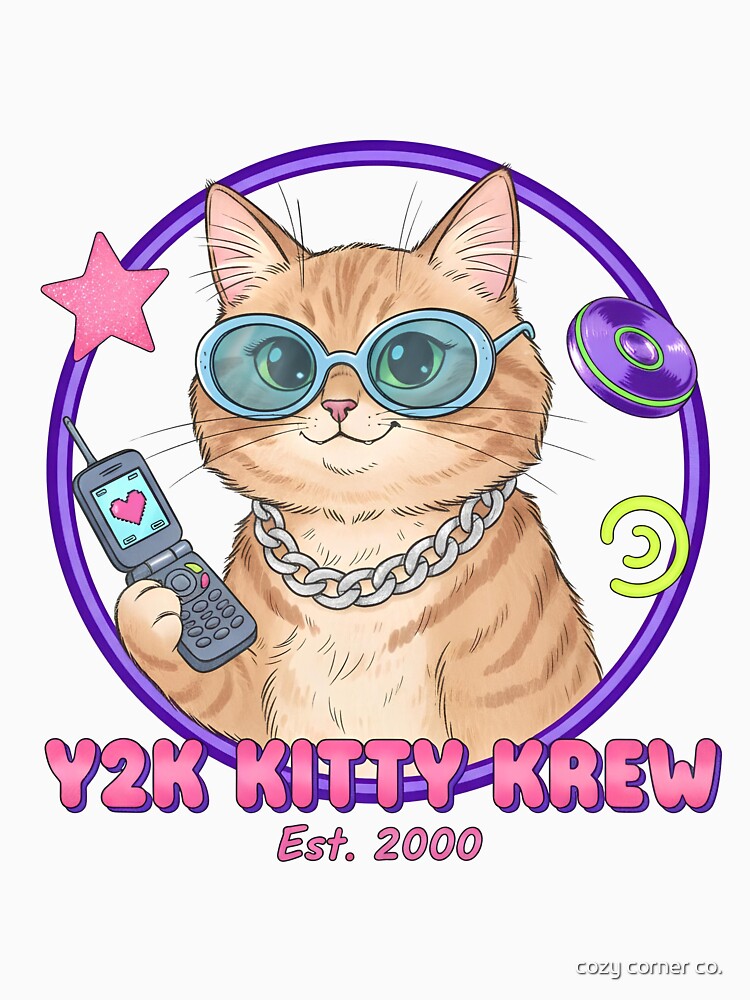 Y2K Kitty Krew - Retro Flip Phone Cat Meme Sticker & T-Shirt by cozy corner co.
