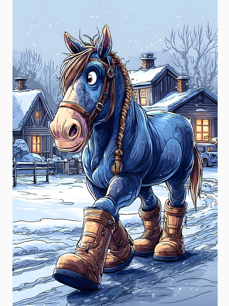 A Blue Horse with Boots Walking in Winter Landscape by Artessie