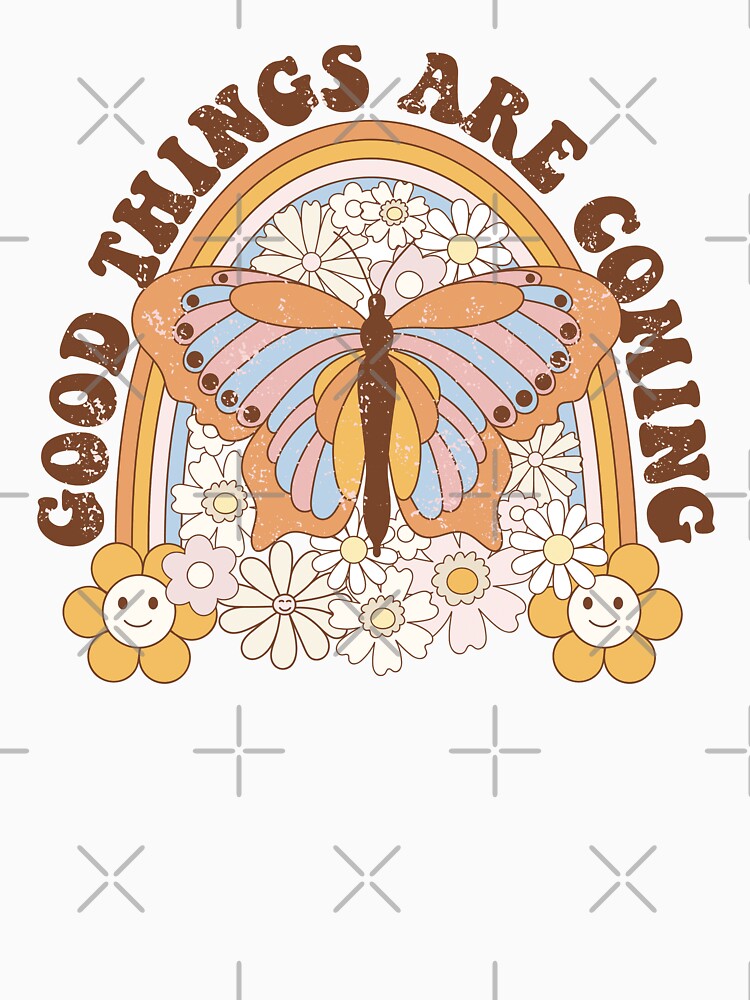 Good Things are coming Retro Butterfly Flower quote repeating pattern, 70s aesthetic, 70s colours by CEB1700