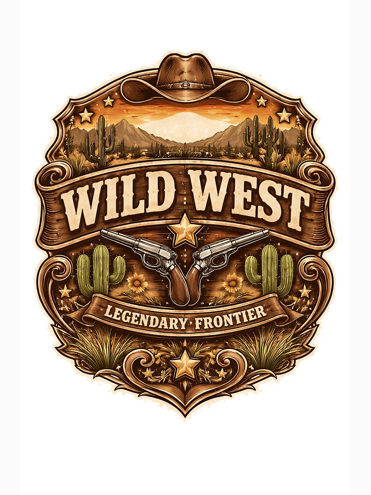 Wild West Vintage Badge Logo – Western Cowboy Emblem with Desert, Cactus & Revolvers by QuietWallStudio