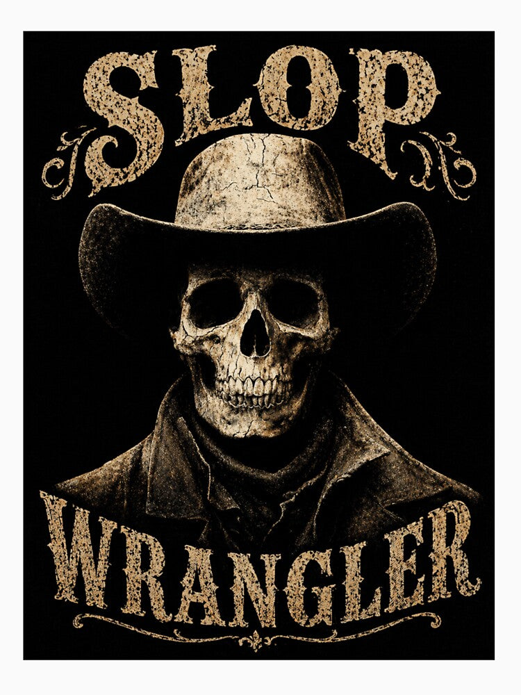 Slop Wrangler Dark Western Skull Cowboy Graphic Tee Design by gimpysticks