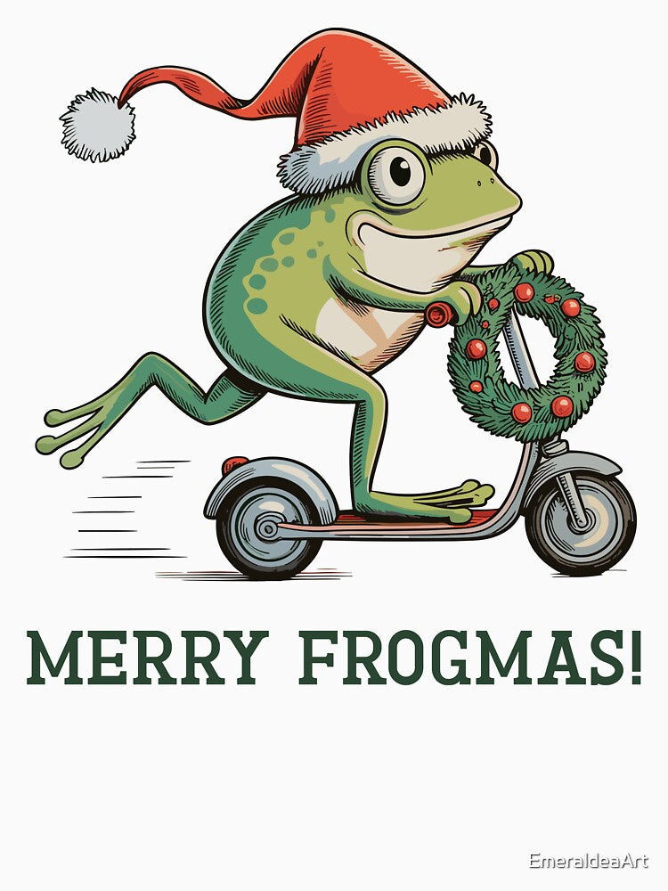 Merry Frogmas – Santa Toad on Scooter Christmas Card by EmeraldeaArt