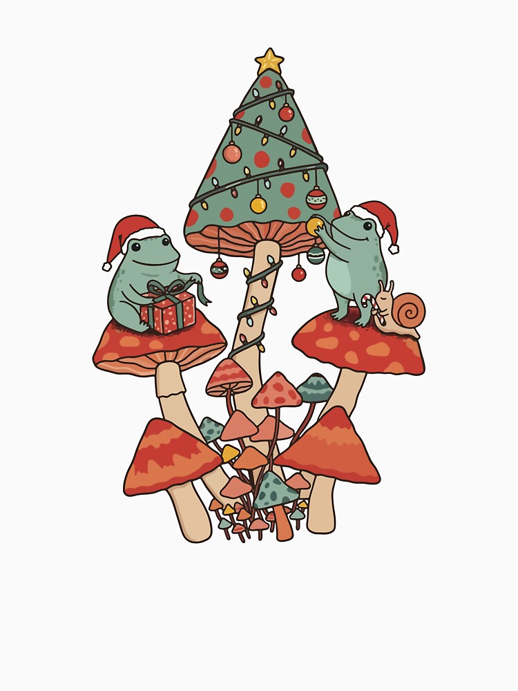 Cute Christmas Frogs On Mushrooms Holiday by Lora Art
