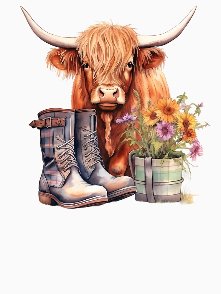 Scottish Highland Cow, Cowboy Boots & Flowers by DapperDanForge