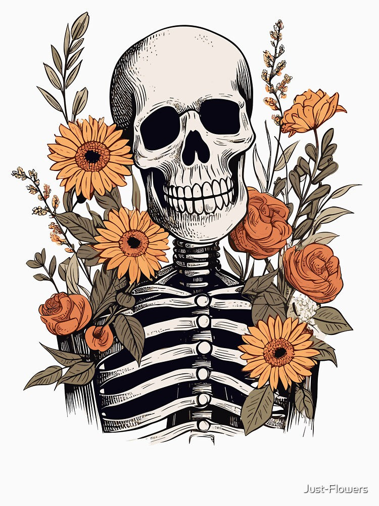 Hand Drawn Halloween Skeleton with Flowers - Halloween Design by Just-Flowers