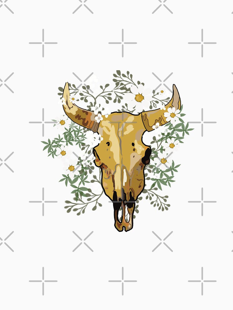 Skull Antique Gold with White Flowers – Protection Western Boho Symbol by Bedoya Illustrations