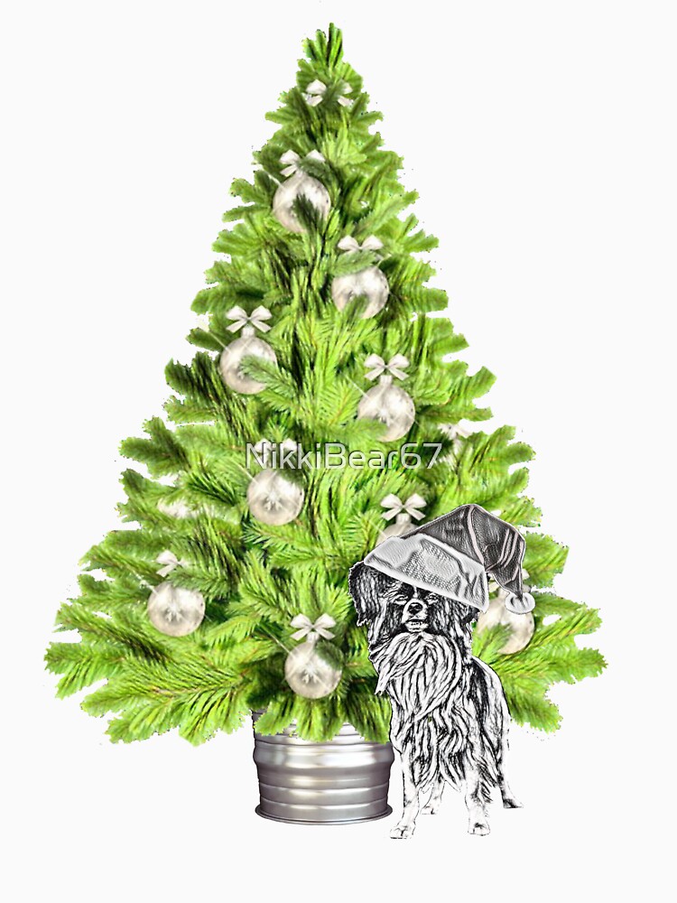 Papillon Dog Christmas scene with Christmas tree and Santa hat by NikkiBear67