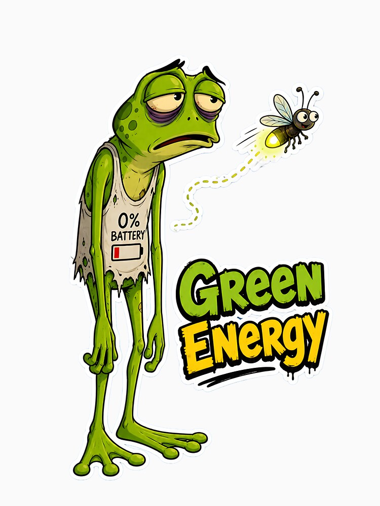 Green Energy Frog – 0% Battery Cartoon by Halbeskilo