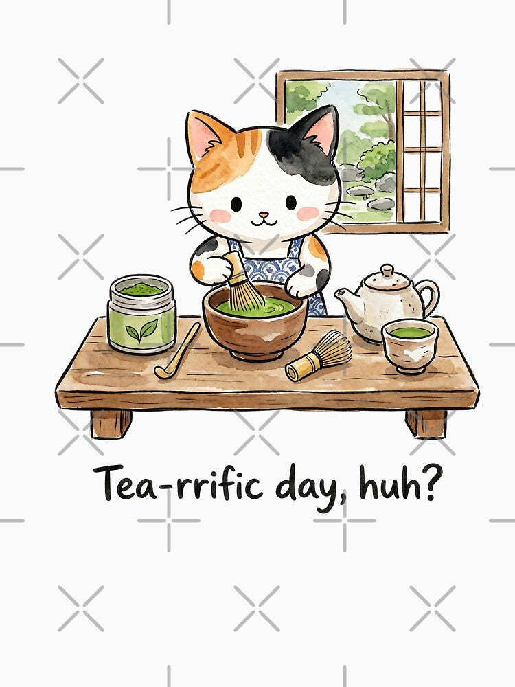Cute Calico Cat Matcha Green Tea Watercolor by CrystalMineArts