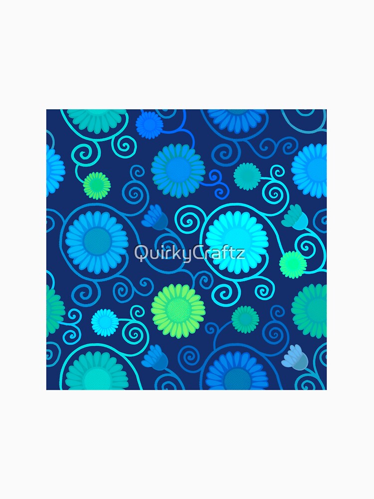 Blue and green flowers and spirals on navy by QuirkyCraftz