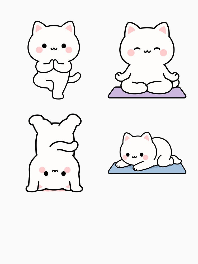 White Cat Yoga Poses – Cute Kawaii Cartoon by Moffyuniverse