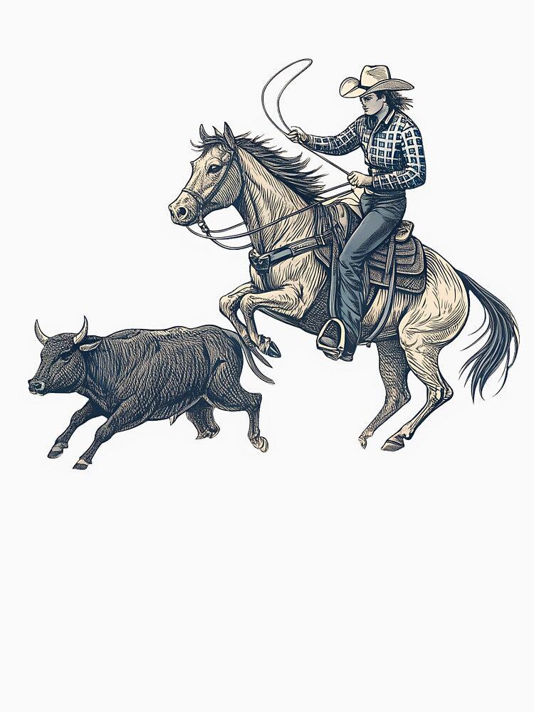 Cutting Horse Rodeo – Dynamic Western Line Art Cowboy & Steer Design by VividOrganica