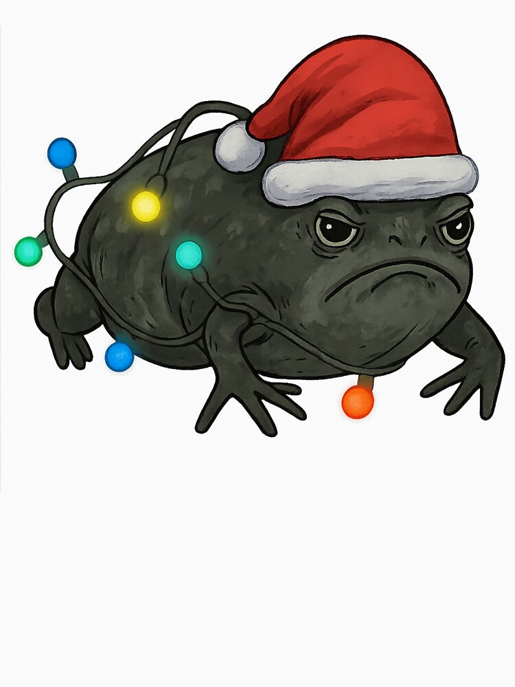 Funny Grumpy Frog Christmas Tangled in Lights Sarcastic Santa Hat by haitrieuic96