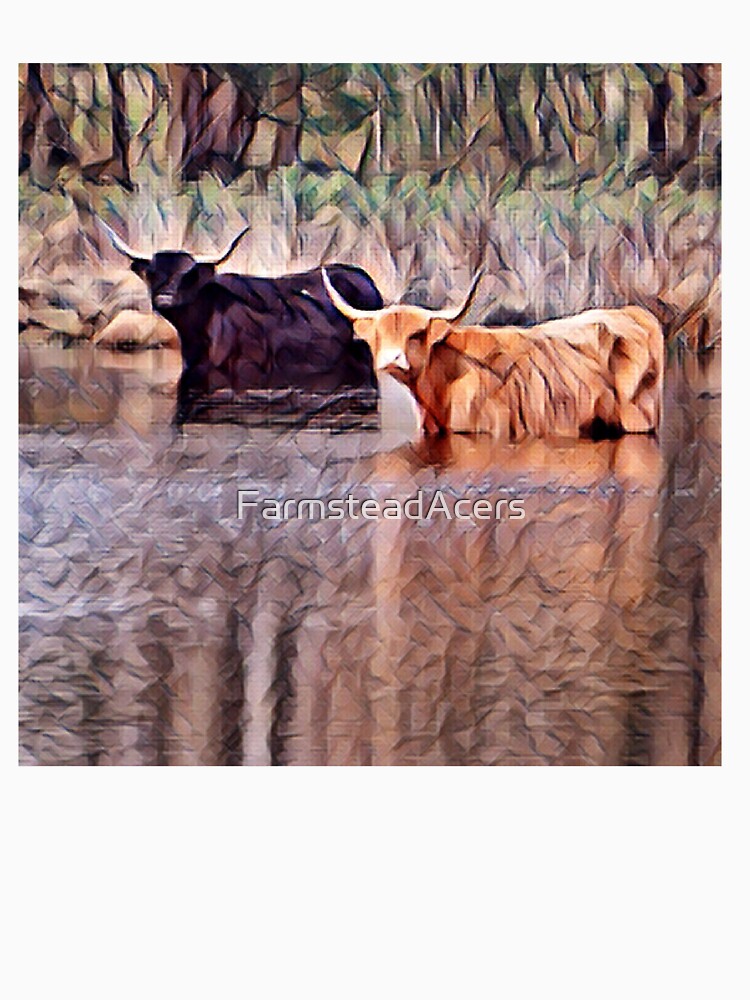 Highland cows wading in the river by FarmsteadAcers