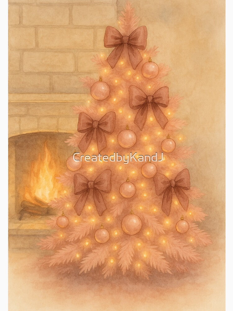 Elegant Pink Christmas Tree with Bows and Fireplace by CreatedbyKandJ
