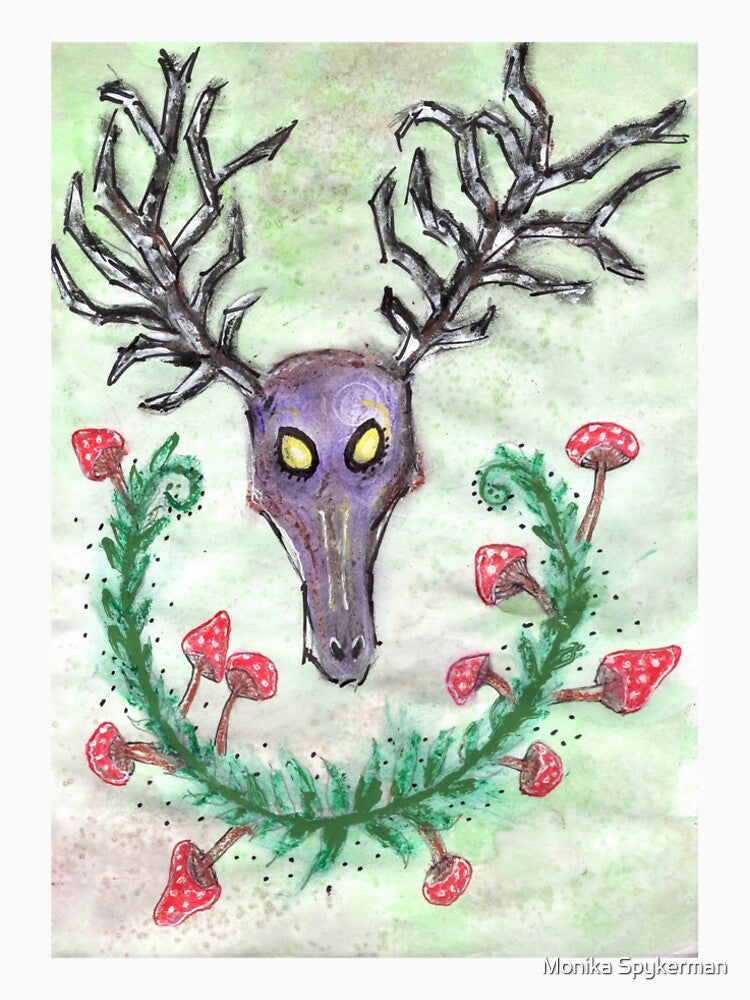 Spooky Ghost Deer with Mushrooms and Ferns by Monika Spykerman
