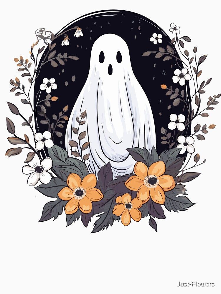 Hand Drawn Halloween Spooky Ghost with Flowers - Halloween Design by Just-Flowers