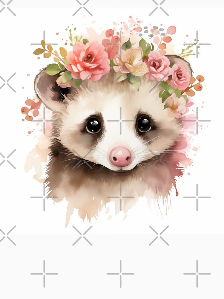 Cute watercolor opossum with pink flowers by irashpi