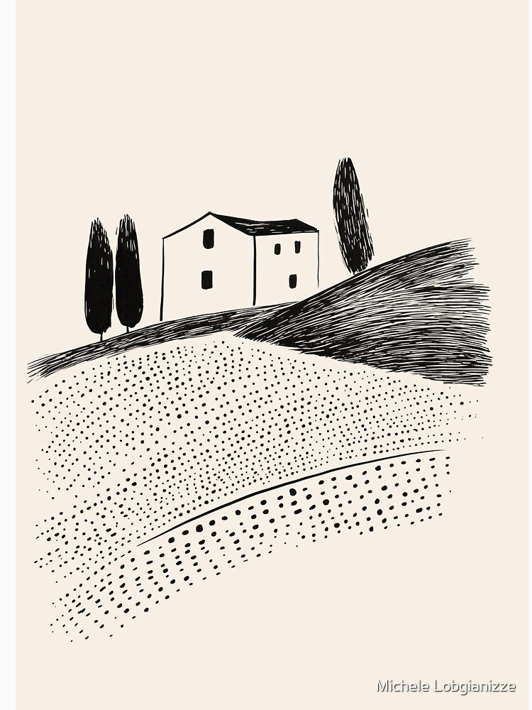 Minimalist Countryside Line Art - House and Trees Illustration by Michele Lobgianizze