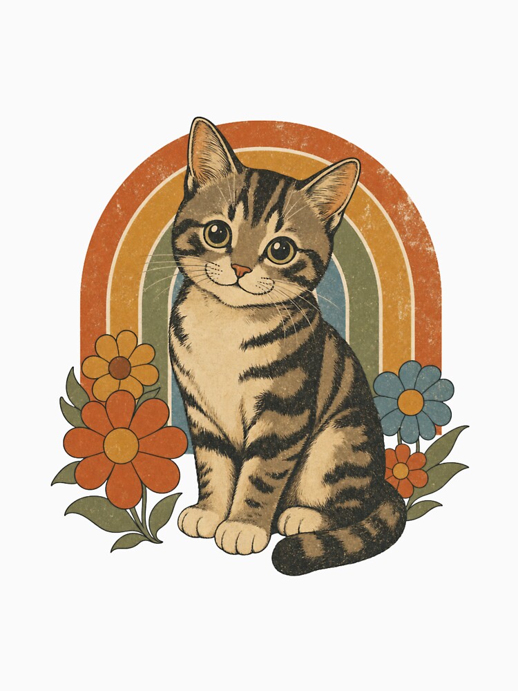 Cute Vintage Cat T-Shirt | Retro 70s Cat Illustration Tee | Distressed Aesthetic Kitty Design by Ashley critters