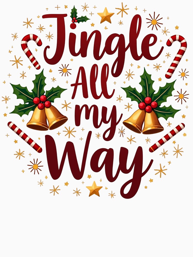Jingle All My Way Christmas Quote. Festive Holiday Bells & Candy Cane Design by Aarvya Fashion Club ( A.F.C )