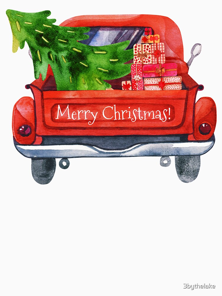 Merry Christmas Vintage Red Truck With Christmas Trees and Gifts by 3bythelake