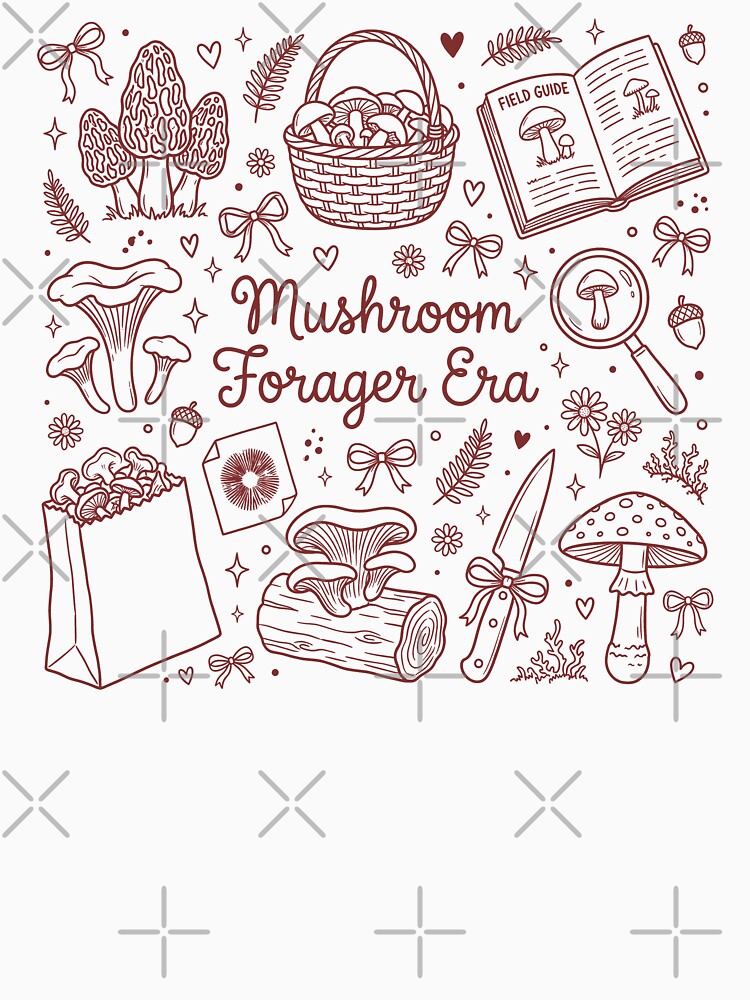 Mushroom Forager Era Doodle Collage Burgundy - Cottagecore Nature Lover Aesthetic by BVDigitalArt