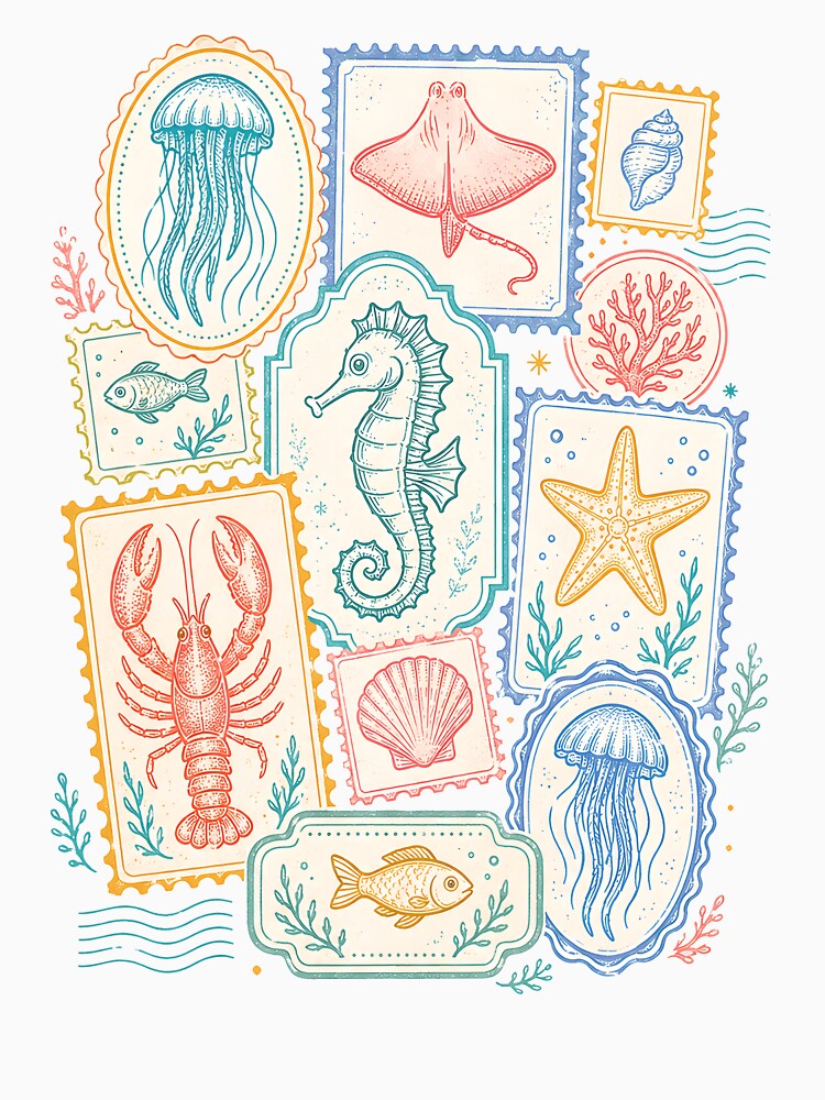 Vintage Sea Creatures Stamp Aesthetic Ocean Animals by Randomera