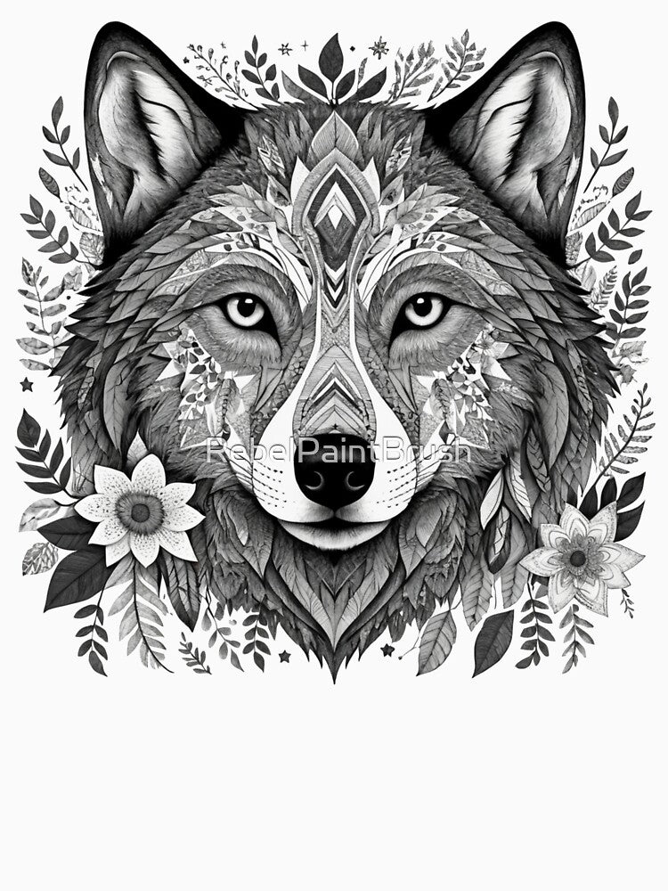 Intricate Floral Tribal Wolf Illustration by RebelPaintBrush