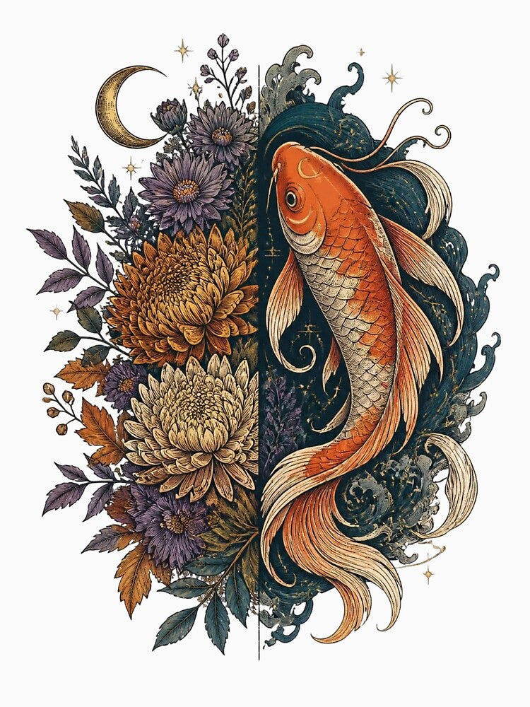 Japanese Koi Fish Chrysanthemum Botanical Celestial Moon by FestivityFinds