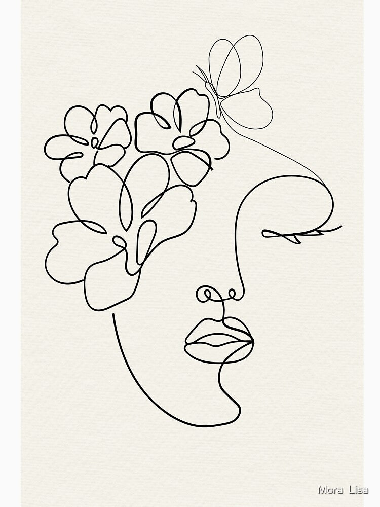 Minimalist Woman Face Line Art with Flowers - Abstract Floral Female Portrait by Mora  Lisa