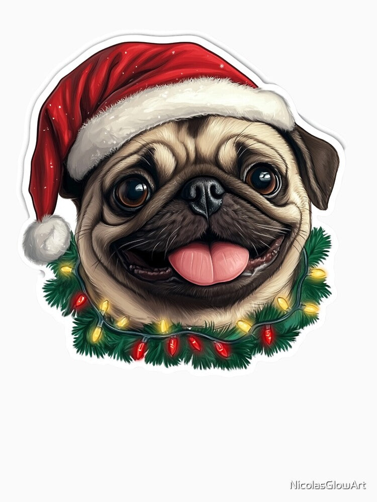 Christmas Pug Sticker by NicolasGlowArt