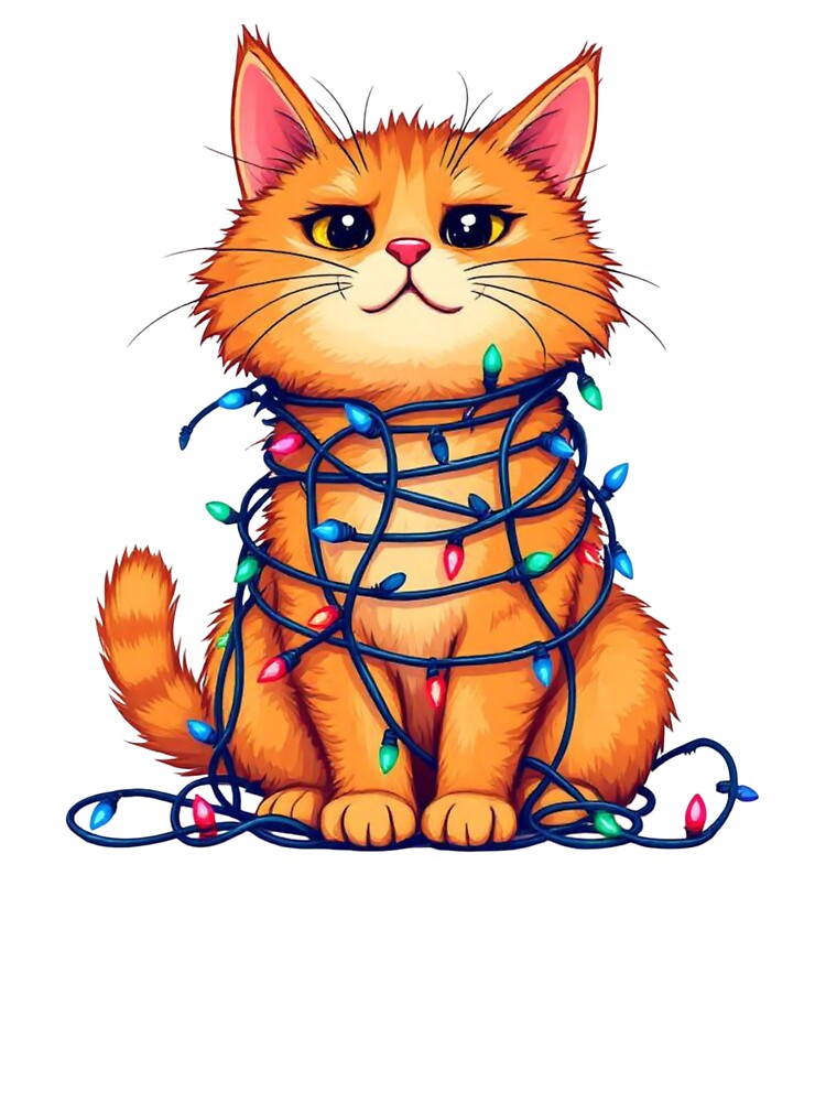 Cute Christmas Cat Tangled in Lights – Funny Holiday Kitty Illustration by ChristmasJollyPrints