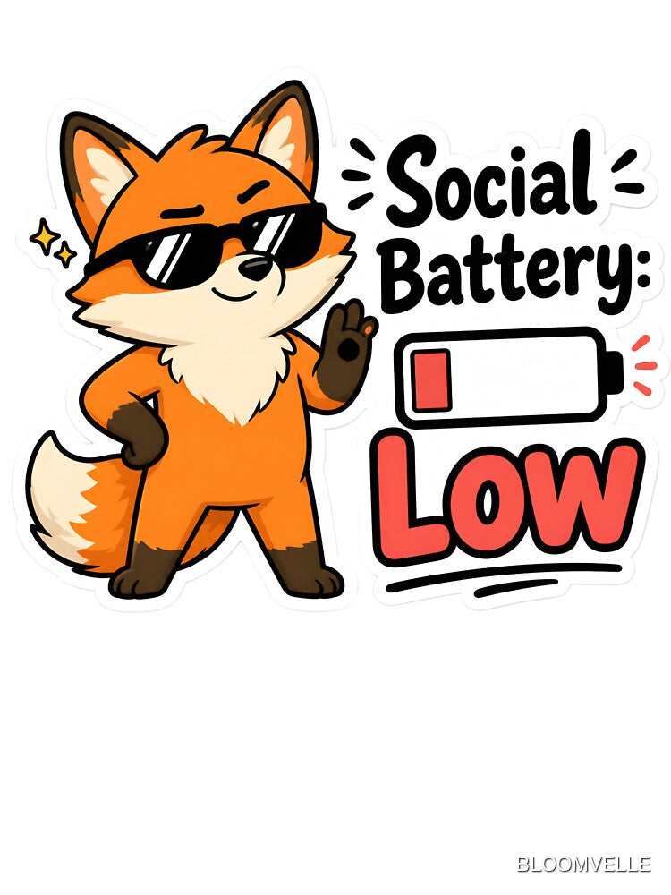 Social Battery Low Fox Sticker | Funny Sarcastic Quote by BLOOMVELLE