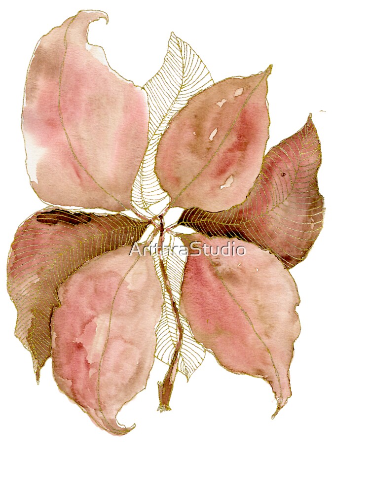 Dusty Rose Botanical Leaves: Watercolour Gold Line Art by ArithraStudio