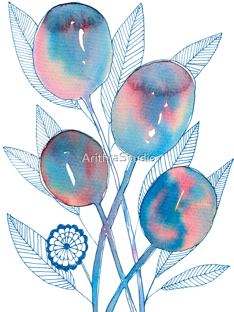 Blue Pink Botanical Fruit Branch: Watercolour Line Art by ArithraStudio