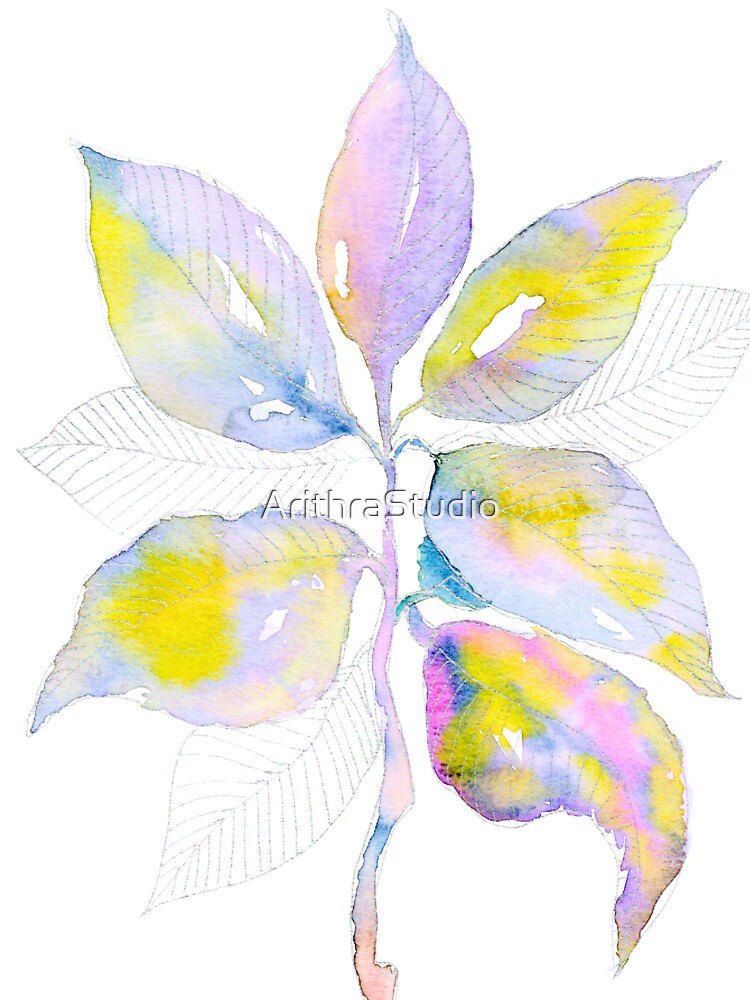 Pastel Botanical Leaves: Lavender Yellow Watercolour Line Art by ArithraStudio